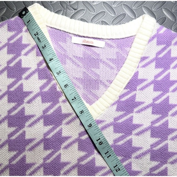 Sasha V Neck Houndstooth Pattern Lilac Sweater Preppy acrylic crop Vest Y2K Sz L - Picture 3 of 9